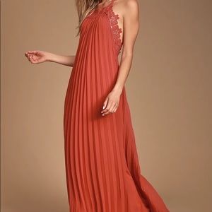 Lulu’s Encinitas Rust Red Lace Pleated Halter Maxi Dress